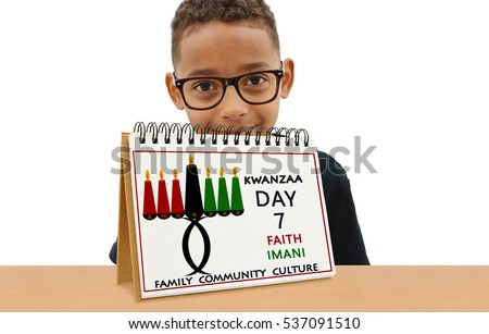 Kwanzaa Calendar Day Seven Faith (Imani) Family Community Culture School Age Boy Smiling wearing eye glasses  looking at camera