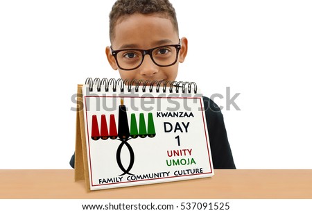 Kwanzaa Calendar Day One Unity (Umoja) Family Community Culture School Age Boy Smiling wearing eye glasses  looking at camera
