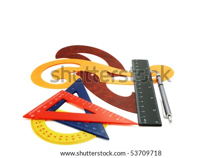 School supplies - ruler, protractor, mold, pencil, isolated on a white background