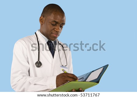 Doctor writing on a clipboard isolated on a blue background