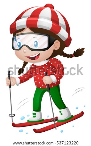 Little girl playing ski illustration
