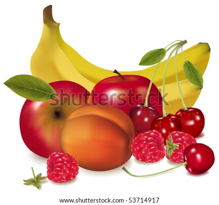 Photo-realistic vector illustration. Two apples, cherries, pears and banana and Raspberries