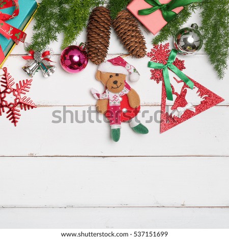 Christmas decoration cute item object  with wood background .Top view,flat lay composition .