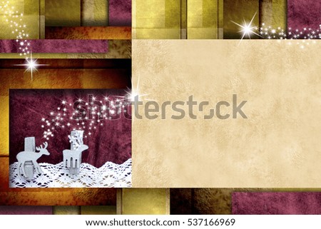 Christmas modern card, reindeer, lace, sepia paper on geometric background with stars