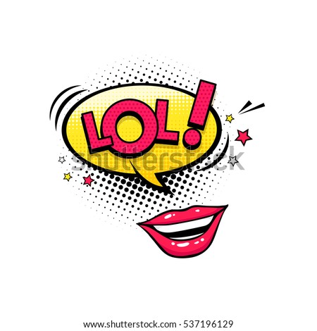 Comic speech bubble with stars, emotional text Lol and open female mouth laughing. Vector bright dynamic cartoon illustration isolated on white background.
