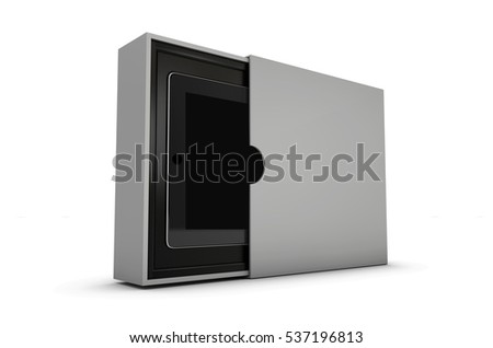 3d illustration of Modern black tablet pc in the gift box isolated on white