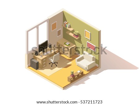 Vector isometric low poly room cutaway icon. Room includes furniture - working table with computer, office chair, armchair, bookshelf and domestic plants 