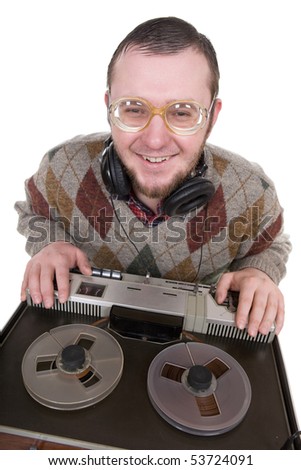silly nerd as a dj over white background