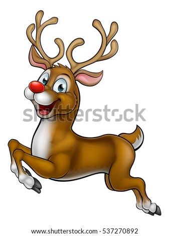 A happy cute cartoon Christmas Santas red nosed Reindeer running along