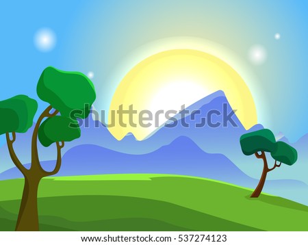 Summer landscape. bright, sunny day. The scorching sun in the sky. Hot day. Green trees and meadow. Vector background.Cartoon
