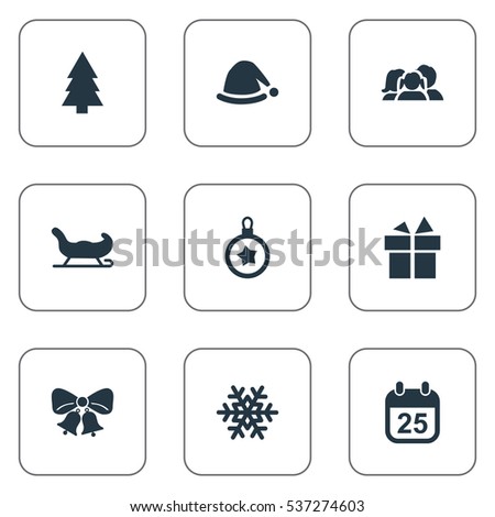 Set Of 9 Simple New Year Icons. Can Be Found Such Elements As Relatives, Christmas Decoration, Snow And Other.