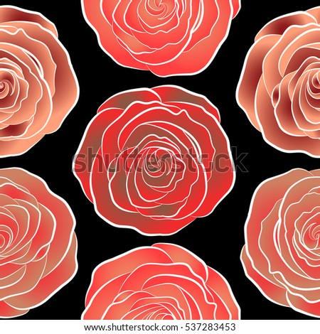 Seamless floral pattern in red, brown and orange colors. Motley roses on a black background with a band of flowers. Watercolor painting seamless pattern.
