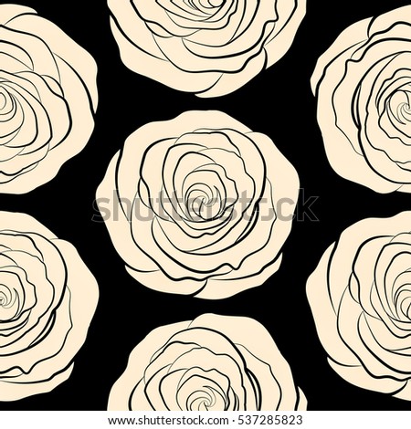 Isolated beautiful flowers drawn watercolor in beige colors on black background. Tropical colorful seamless pattern. Vector illustration. Seamless floral background.