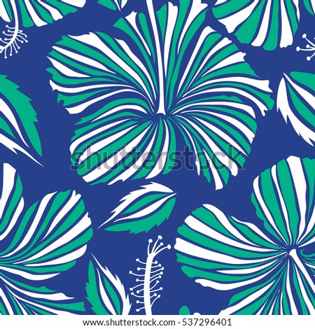 Vector illustration. Green and white hibiscus seamless pattern. Vector seamless pattern with tropical flowers in watercolor style.