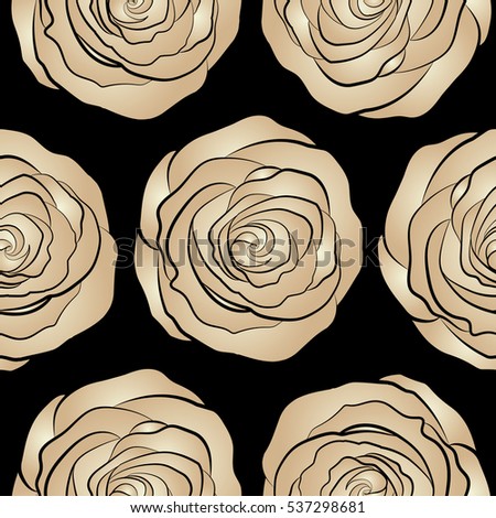 Seamless background pattern. Hand drawn elements. Roses beige and neutral on a black. Vector illustration.