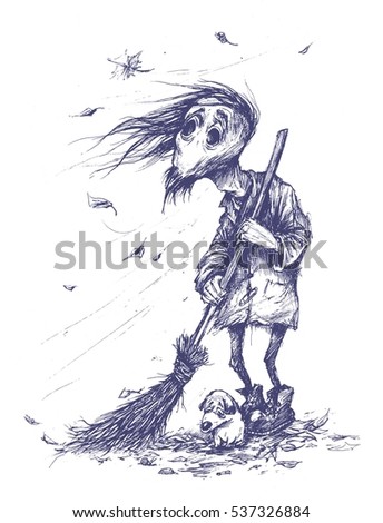 Melancholic janitor sweeps autumn foliage autumn day a little sad puppy wind. cartoon illustration