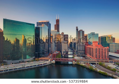 Chicago at dawn. Cityscape image of Chicago downtown at sunrise. Royalty-Free Stock Photo #537359884