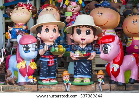Clay doll Shop in Kamthieng Flower Market shop Chaingmai, Thailand.