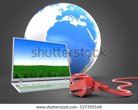 3d illustration of computer over gray background with earth and power cord