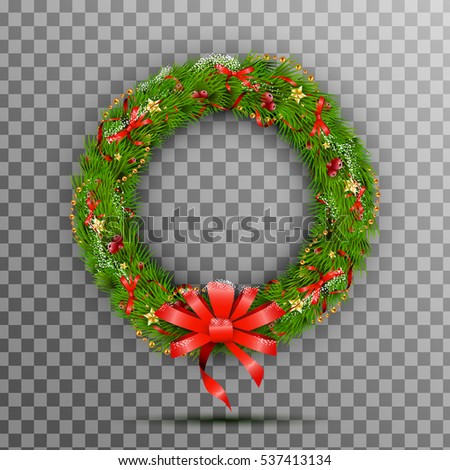 Festive Christmas Wreath of pine branches with red bow and ribbon, golden star, red berry  isolated on transparent background. Vector illustration.