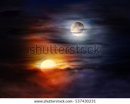 A picture of sun and moon on the cloudy sky forming Yin Yang balance symbol