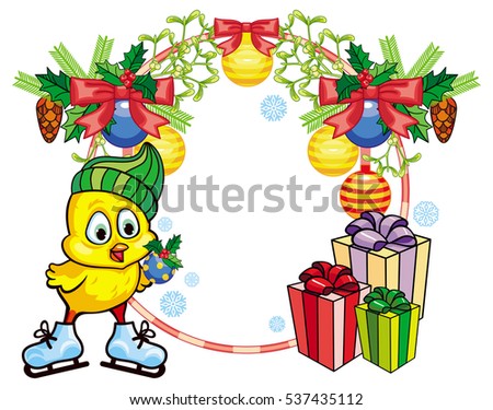 Christmas holiday round frame with cute chicken in funny hat ice skating.  Copy space. Vector clip art.