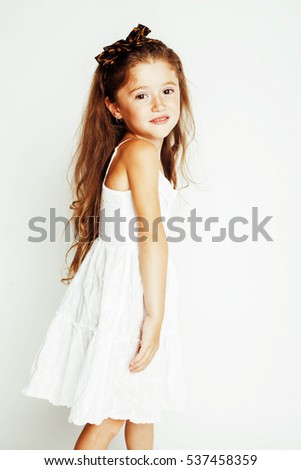little cute beauty girl isolated on white background long curly hair, close up adorable kid, lifestyle people concept
