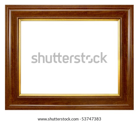 A wooden frame with a gold rim. Isolated on a white background.