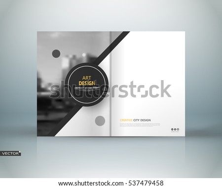Abstract binder art. White a4 brochure cover design. Info banner frame. Black circle figure icon. Ad text font. Title sheet model set. Modern vector front page. City view texture. Elegant flyer fiber