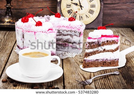 Cake with Cream and Cherry. Sweet Food