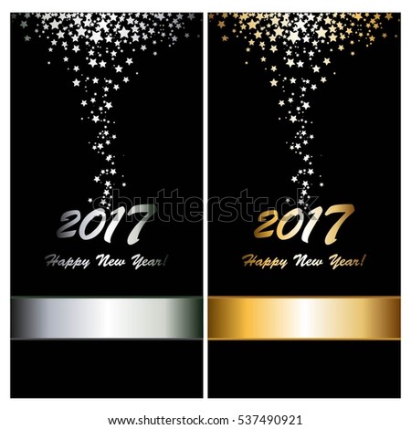 Silver and gold stars and ribbons on a black  background. Standard-sized cards. Happy New Year 2017!