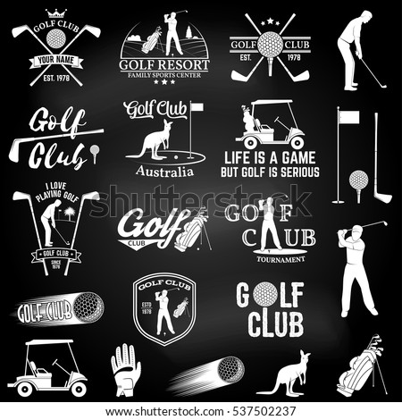 Set of Golf club concept with golfer silhouette and design elements. Vector golfing club retro badge on the chalkboard. Concept for shirt, print, seal or stamp. Typography design.