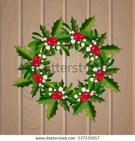 Christmas mistletoe wreath on wooden background. Christmas wreath with snowflakes and bow on the door.