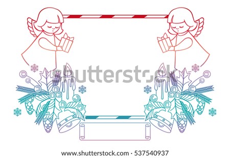 Gradient Christmas frame with cute angels. Copy space. Christmas holiday background. Raster clip art.