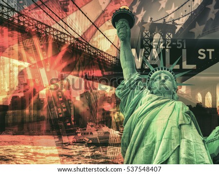 New York City collage including the Statue of Liberty and several other worldwide famous landmarks