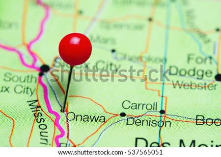 Onawa pinned on a map of Iowa, USA
