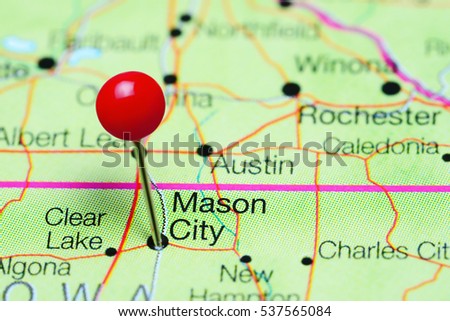 Mason City pinned on a map of Iowa, USA
