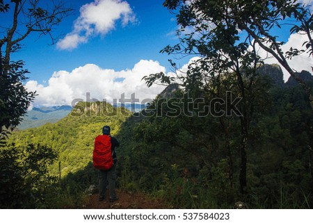 the backpacker take a photo mountain and sky 