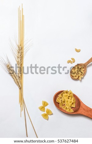 Pasta in wooden spoons,  spaghetti and wheat on a white background. Bright and cheerful picture.