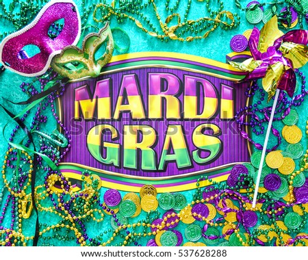  Mardi Gras banner with masks, beads, pinwheel and coins. Green, gold, purple, bright, festive, cheerful, celebrate, party, Festival,