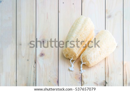 shower equipment made from fiber of zucchini on wood pallet background