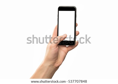 Male hand holding black cellphone isolated at white background.