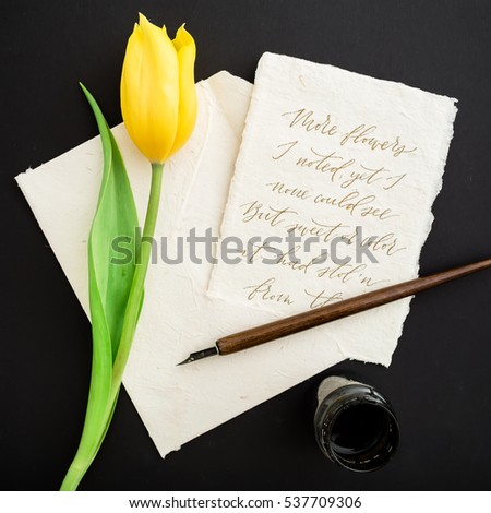 quote written in calligraphy style on paper card with flowers, ink and pen. Flat lay, Top view