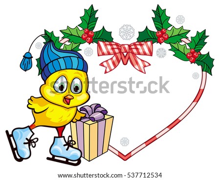 Cute chicken in funny hat ice skating. Heart-shaped Christmas frame. Copy space. Vector clip art.