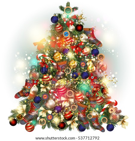 Christmas tree ornate decorated by baubles, snowflakes, socks, bows and other. Vector greeting card