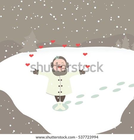 Vector cartoon illustration of a winter scene in a small snowy village with a little girl