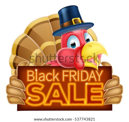A Pilgrims hat Thanksgiving cartoon turkey holding a Black Friday Sale sign