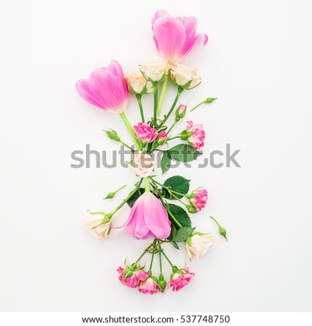 Pattern with flowers, branches and leaves isolated on white background. Flat lay, Top view.