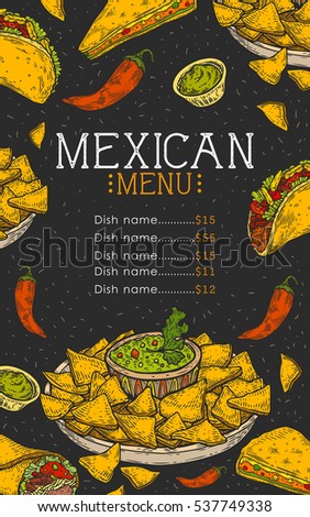 Mexican food background with traditional spicy dish. Spicy Mexican menu hot meal and chalkboard vector illustration, tacos, burrito, guacamole, salsa. Food hand drawn label elements