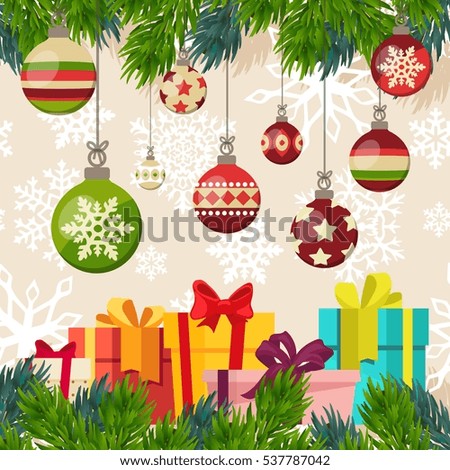 Christmas gifts boxes vector illustration. Xmas postcard background